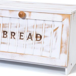 Bamboo Bread Box for Kitchen Countertop, White Vintage Wooden Counter Breadbox, Single Layer Rustic Wood Large Capacity Bread Storage Container Bin