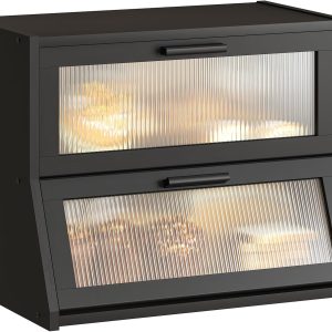 GHWIE Double Layer Bamboo Bread Box for Kitchen Counter,Large Capacity Bread Storage Bin,Bread Container with Acrylic Wavy Door Panel (Black, Medium)